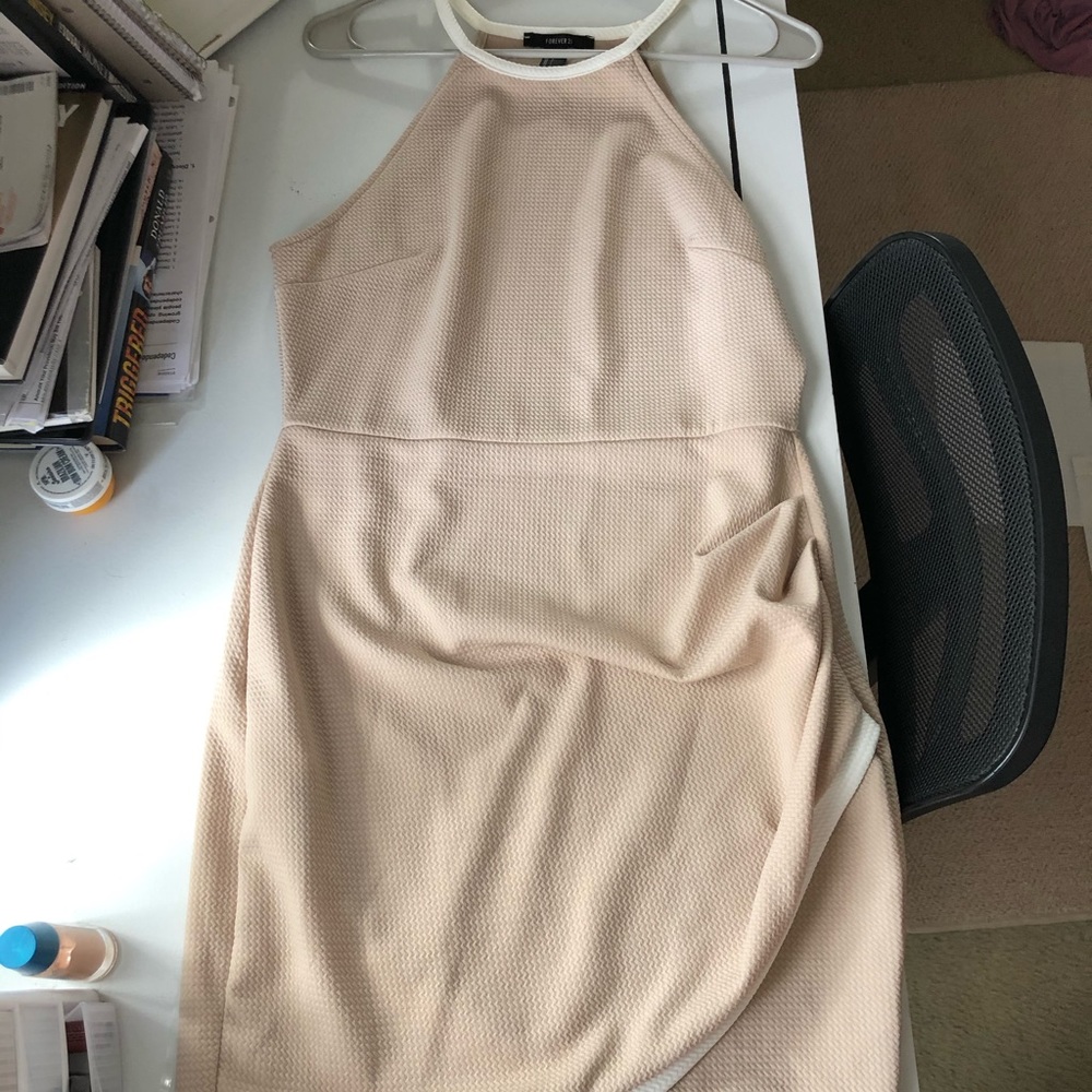 Tan dress with cross over white